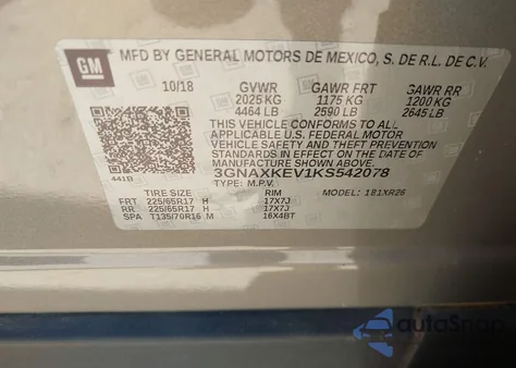 2019 Chevrolet Equinox Lt from USA, damaged, VIN 3GNAXKEV1KS542078